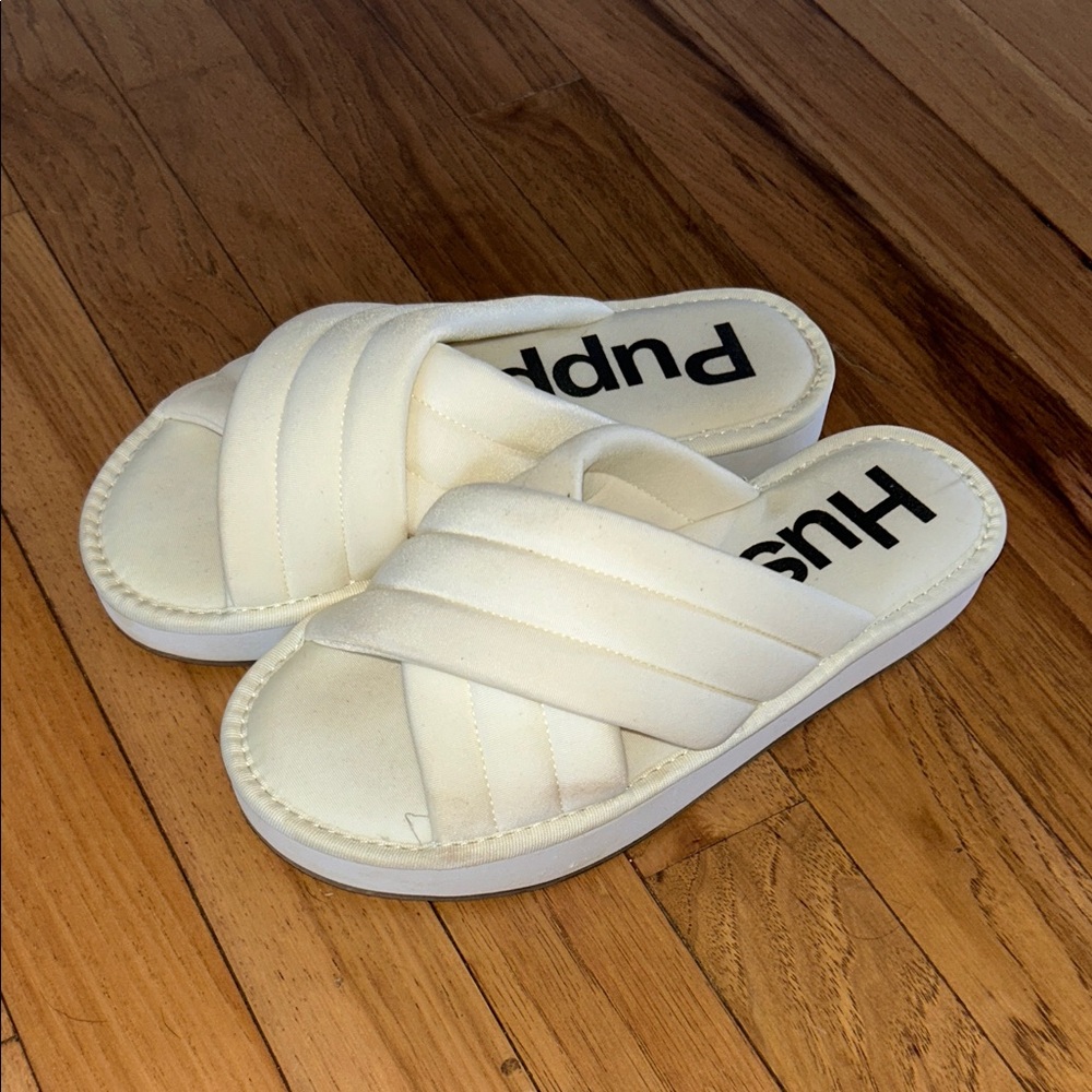 Hush Puppies Cream Quilted Crossband Slide Sandals